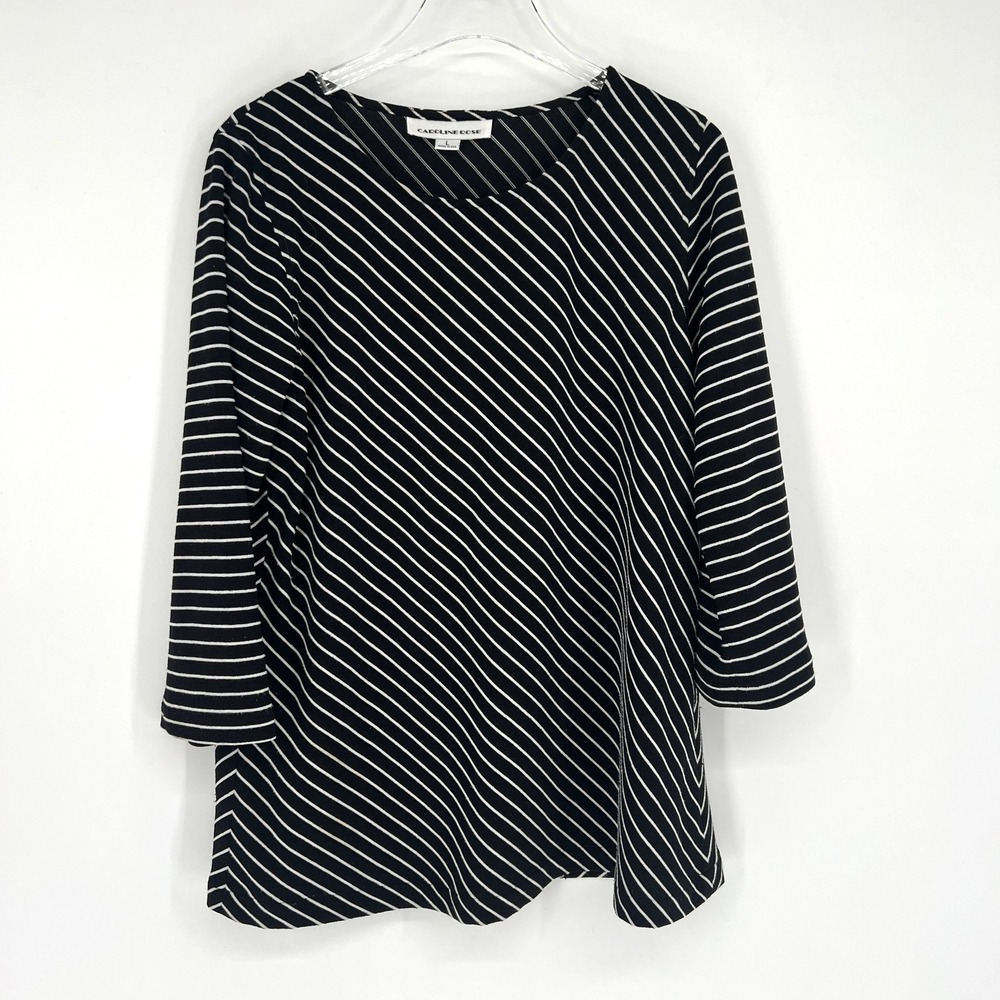 Caroline Rose Top Womens Large Black White Stripe Classic 3/4 Sleeve Stretch - Picture 1 of 7